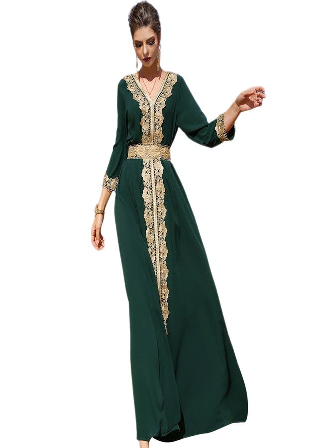 ODIZLI Abaya Dress for Women Moroccan Kaftan Dubai Fancy Long Sleeve Kaftan Dresses Moroccan Traditional Ethnic Shirts Dress Robe Wedding Party Attire Jalabiya Mubarak Eid Ramadan Outfits Dark Green M - Image 1
